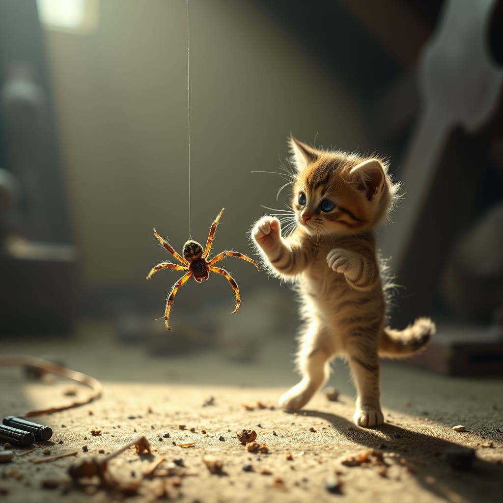 Cinematic Spider vs Kitten Dusty Attic Scene