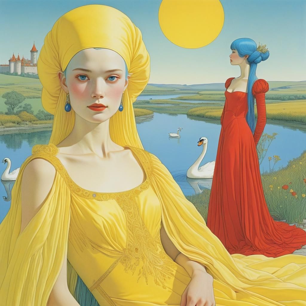 Two Ladies in Gowns, Moebius-Inspired Illustration