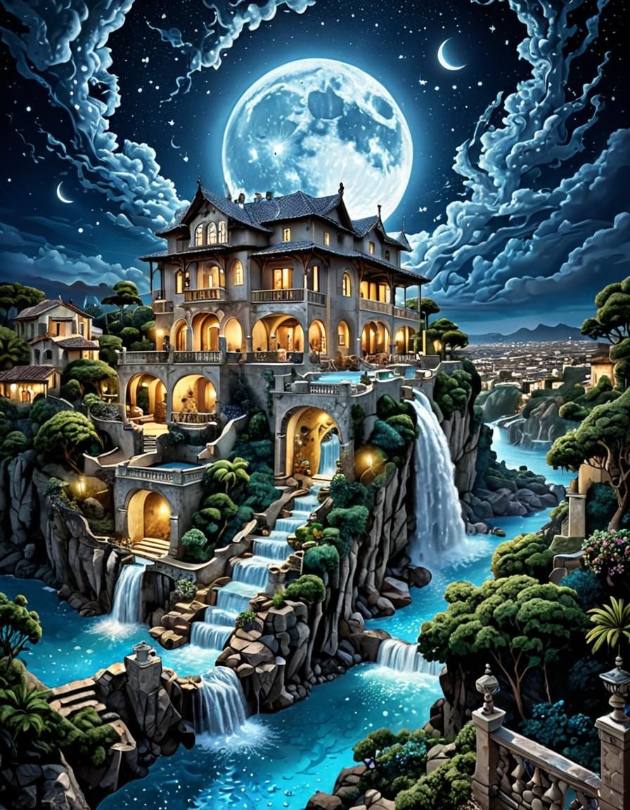 Magical Pearl City Under Moonlit Sky