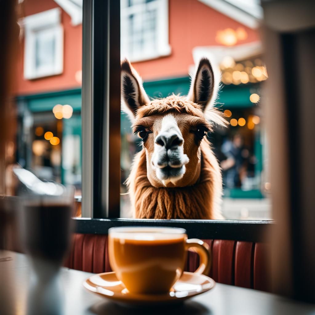 Llama Looks into Coffee Shop Window
