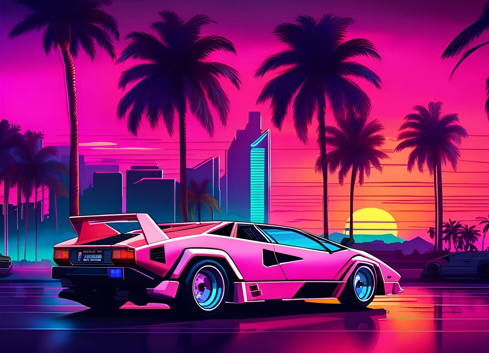 Retrowave Lamborghini Countach in 80s Miami Cityscape