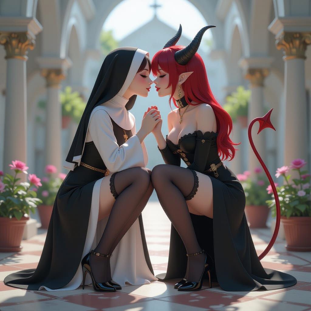 Nun and Demon Kiss in 3D Anime Style