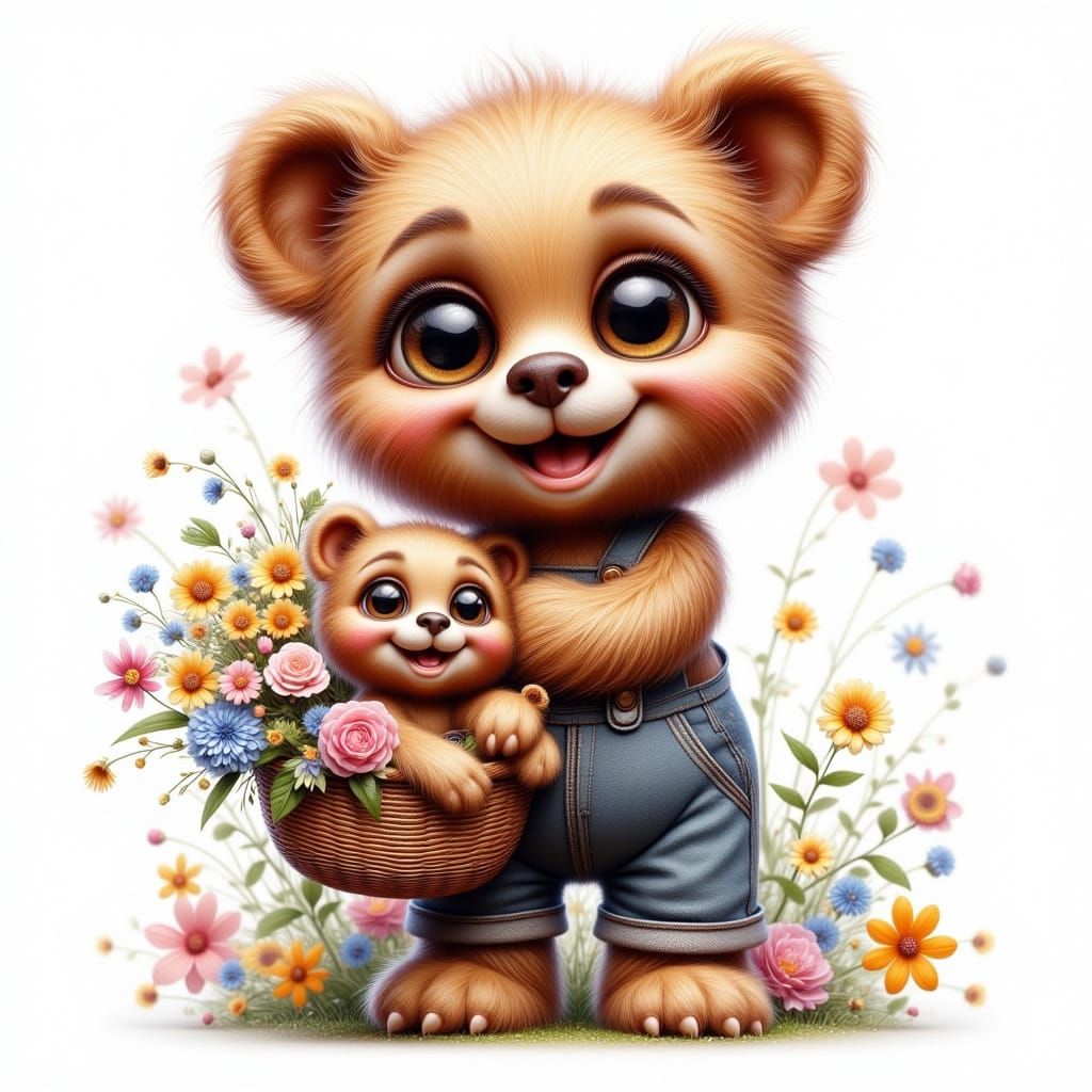 Cute Whimsical Teddy Bear in Pastel Overalls with Flowers an...