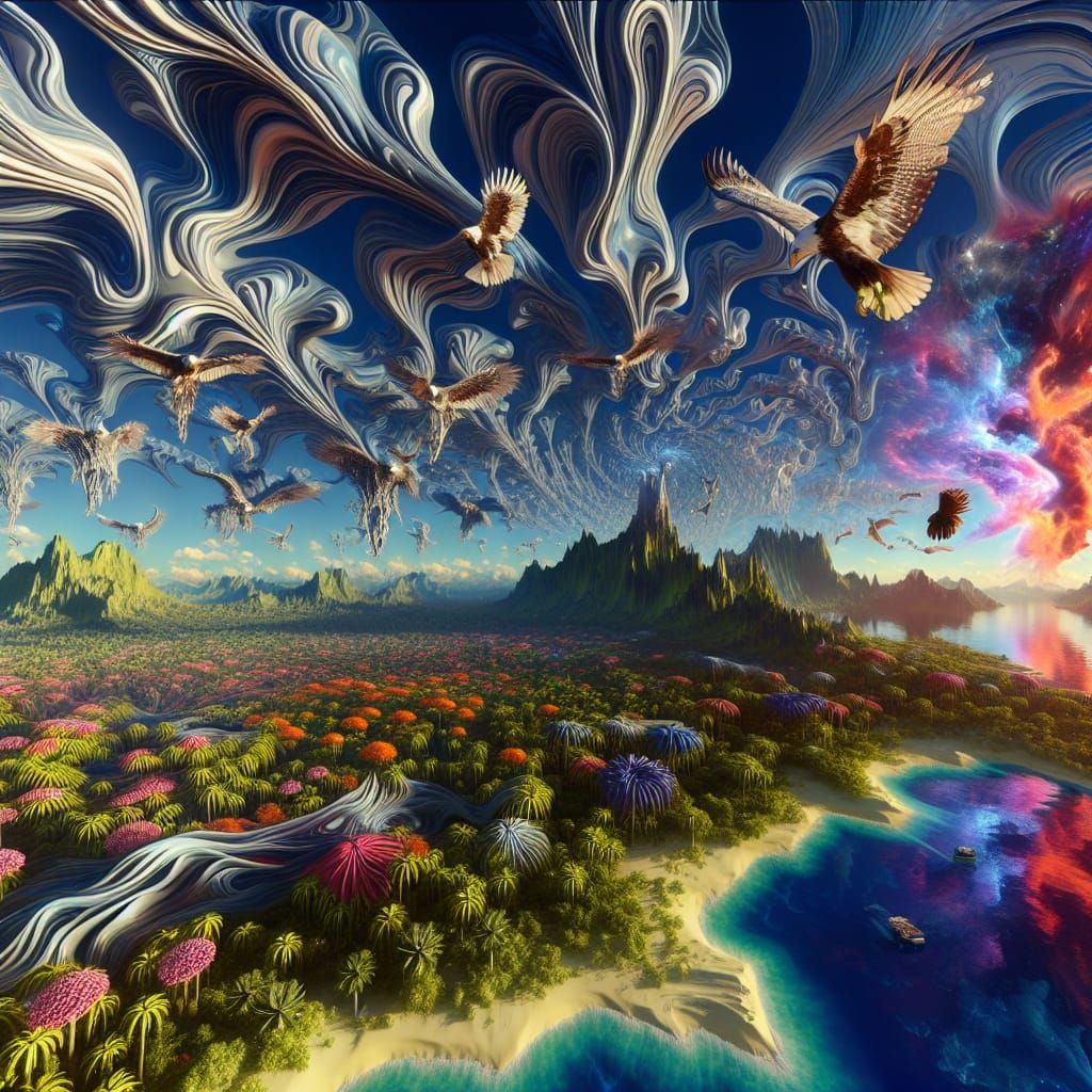 Surreal Landscape with Elastic Flora and Metallic Sky