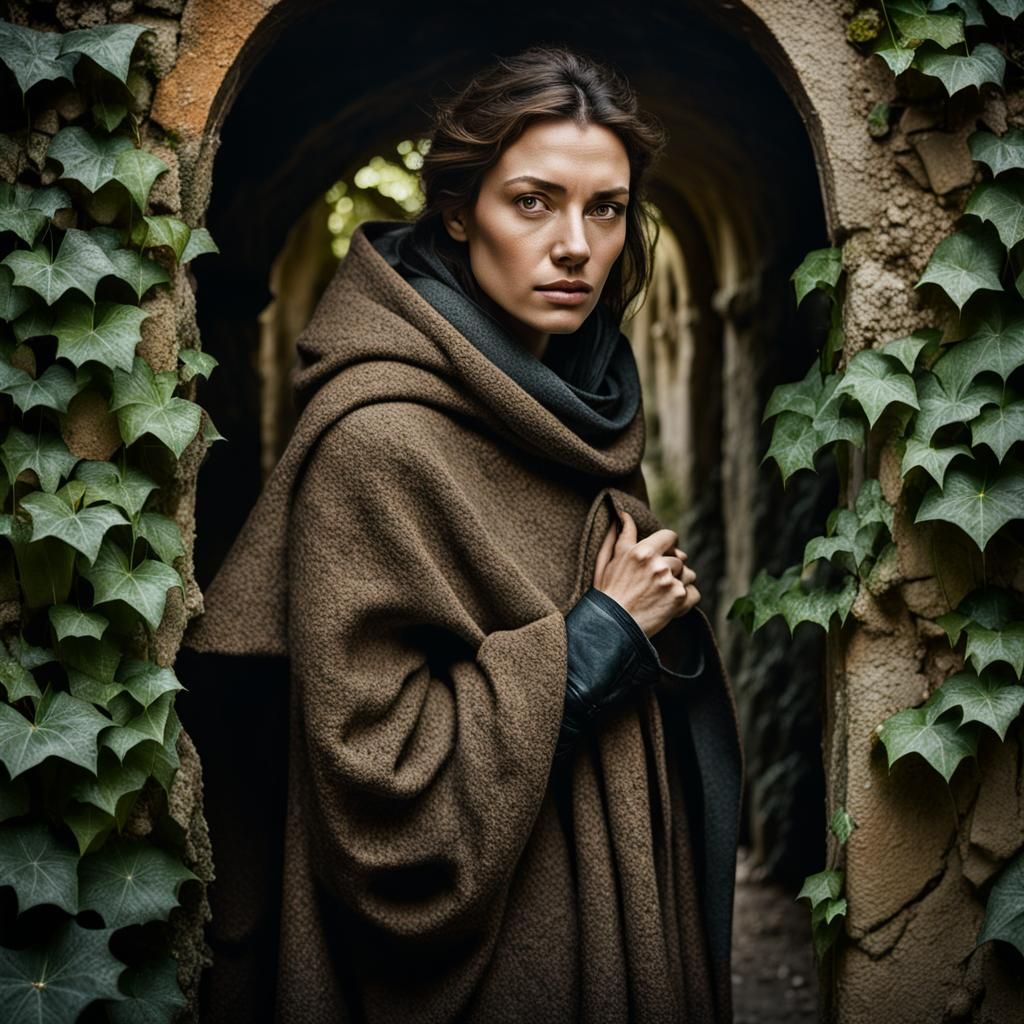Woman in Cloak Wandering Garden Corridors