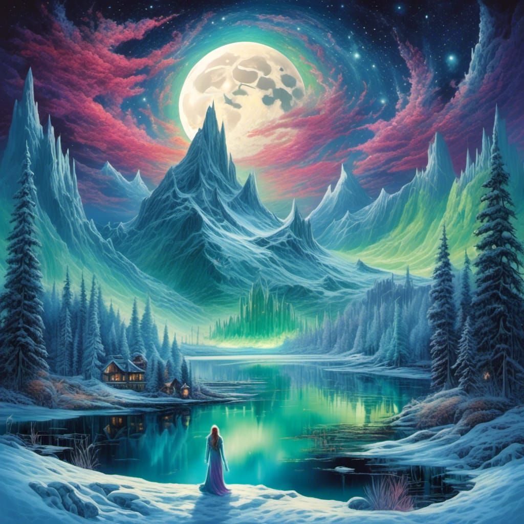 Fantasy Landscape with Aurora, Moon, and Ghostly Woman