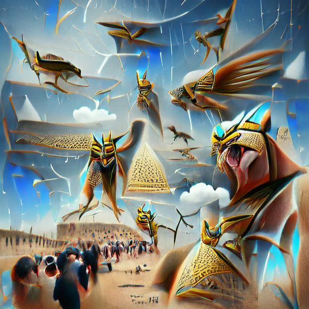 Egyptian god Taweret commands a legion of flying locusts outside the great pyramids