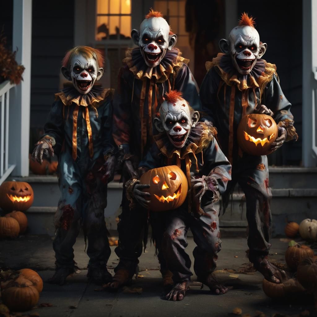 Eerie Zombie Monkey Clowns Trick-or-Treating: Digital Art