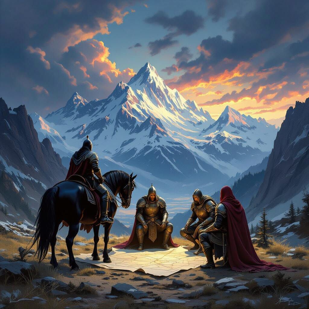 Knights Study Map with Black Mare Before Mountains