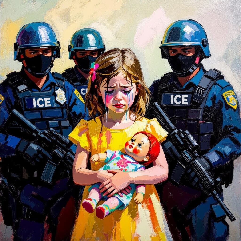 Girl in Yellow Dress Facing Riot Police, Impasto Painting