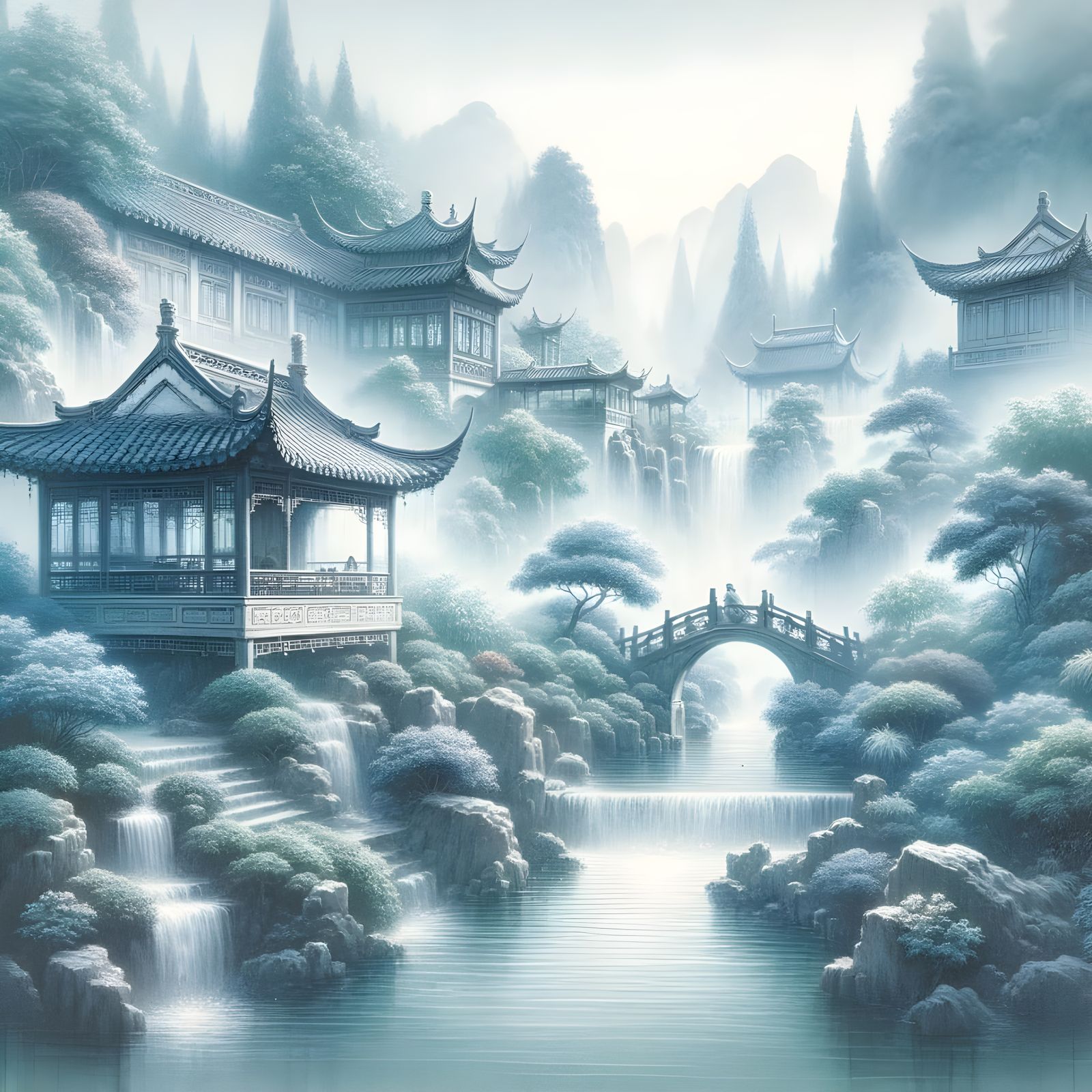 Ethereal Chinese Garden with Flowing River in Watercolor Sty...