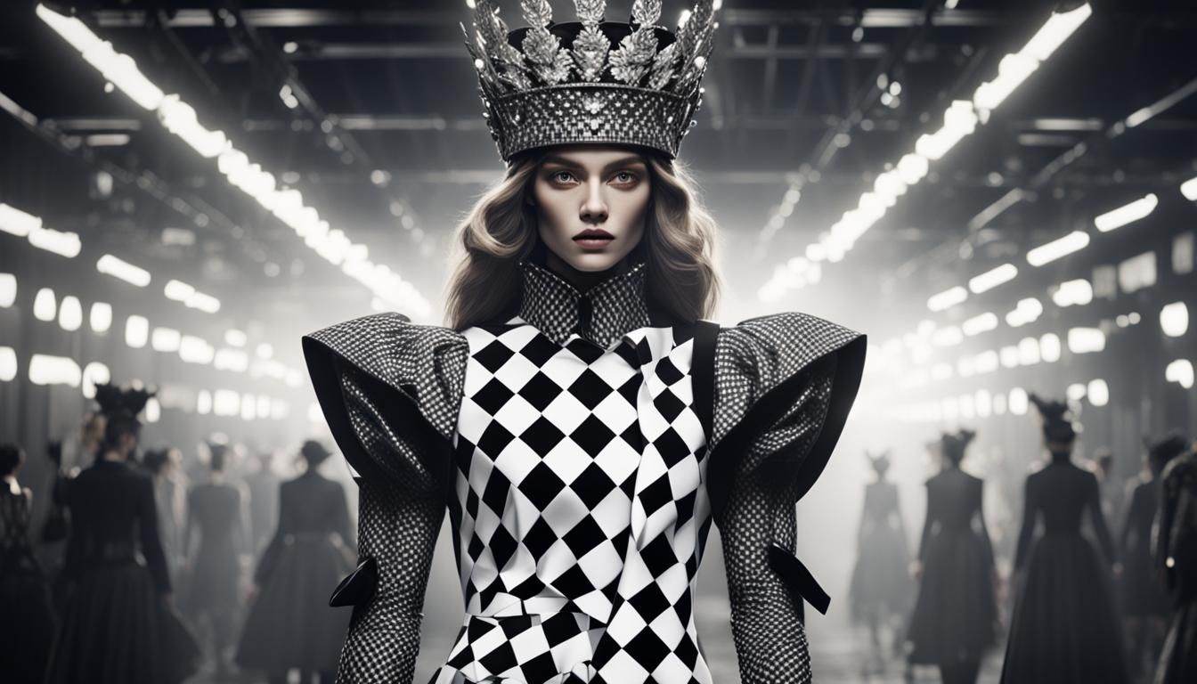 Model Showcases Checkered Costume at Fashion Week