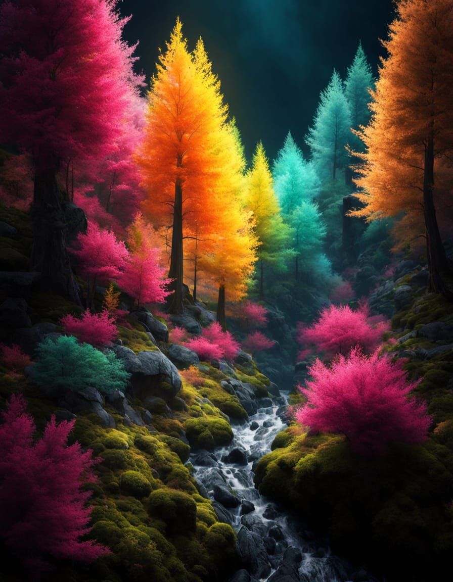Vibrant Abstract Forest Painting on Mountain