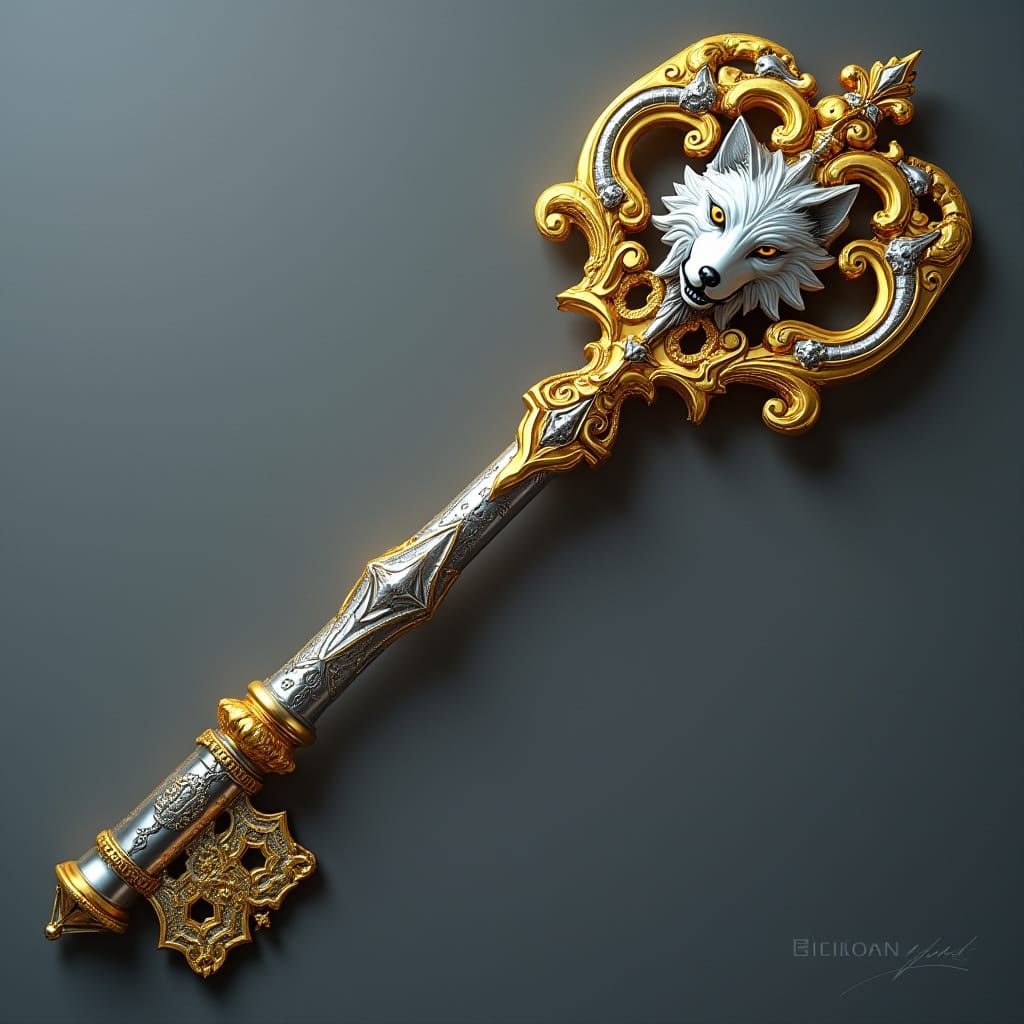 Elegant Gold and Silver Keyblade with Regal Wolf and Death M...