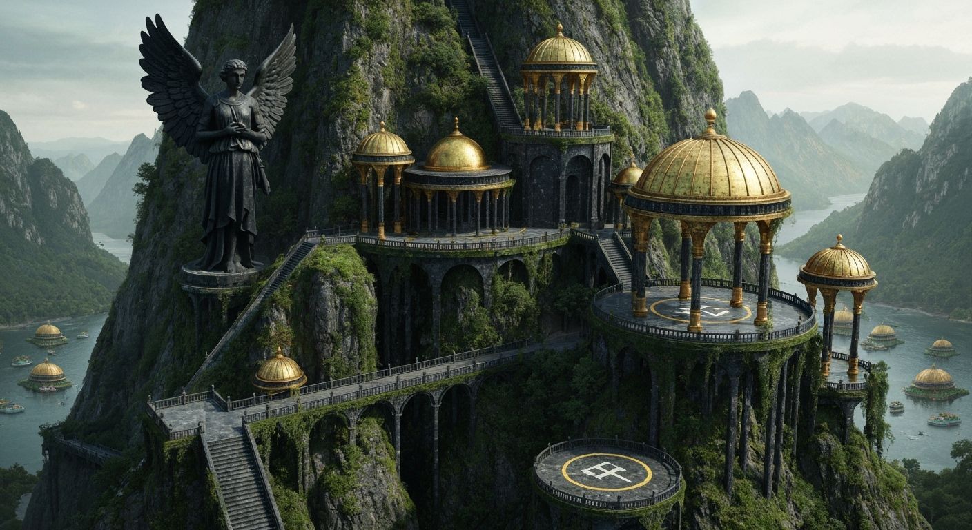 Abandoned Temple City on Mountain with Black Angel Statue