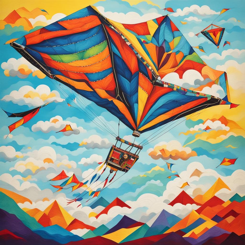 Vibrant Kite Soaring Above Clouds in Abstract Art