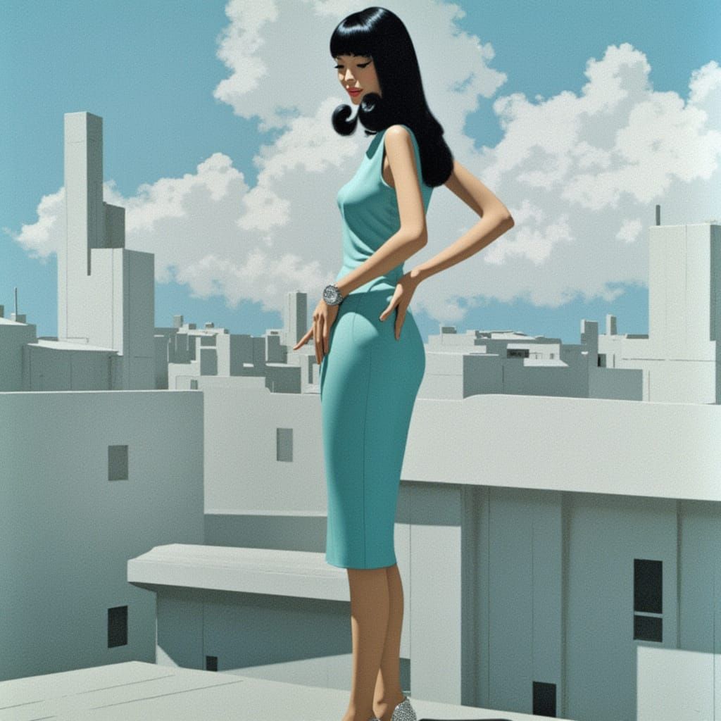 Futuristic Asian Woman in Qipao Dress on Rooftop