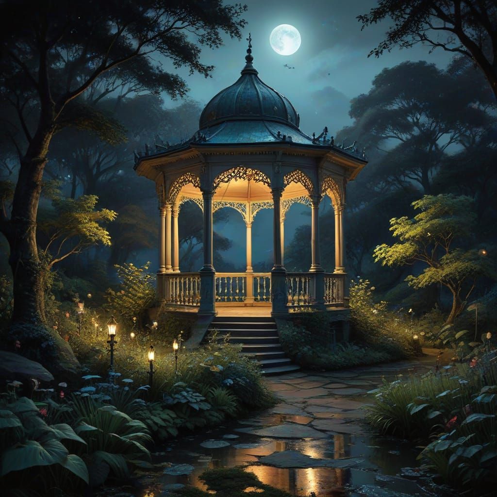 gazebo in the garden at midnight