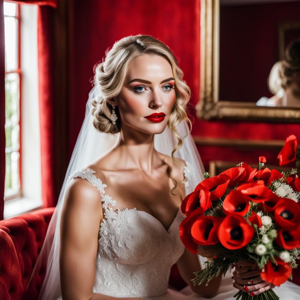 Bride with Poppies Reflection in Red Room