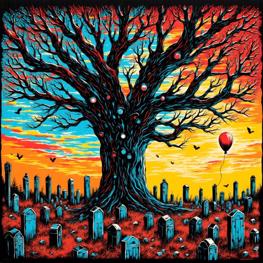 Eerie Graveyard Tree with Glowing Eyes