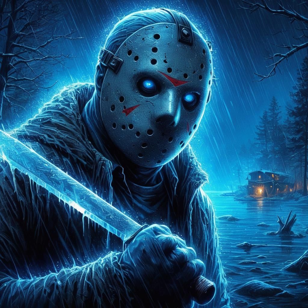 Menacing Jason Voorhees at Camp Crystal Lake