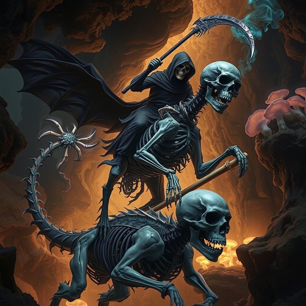 Grim Reaper Rides Dragon in Bioluminescent Cavern