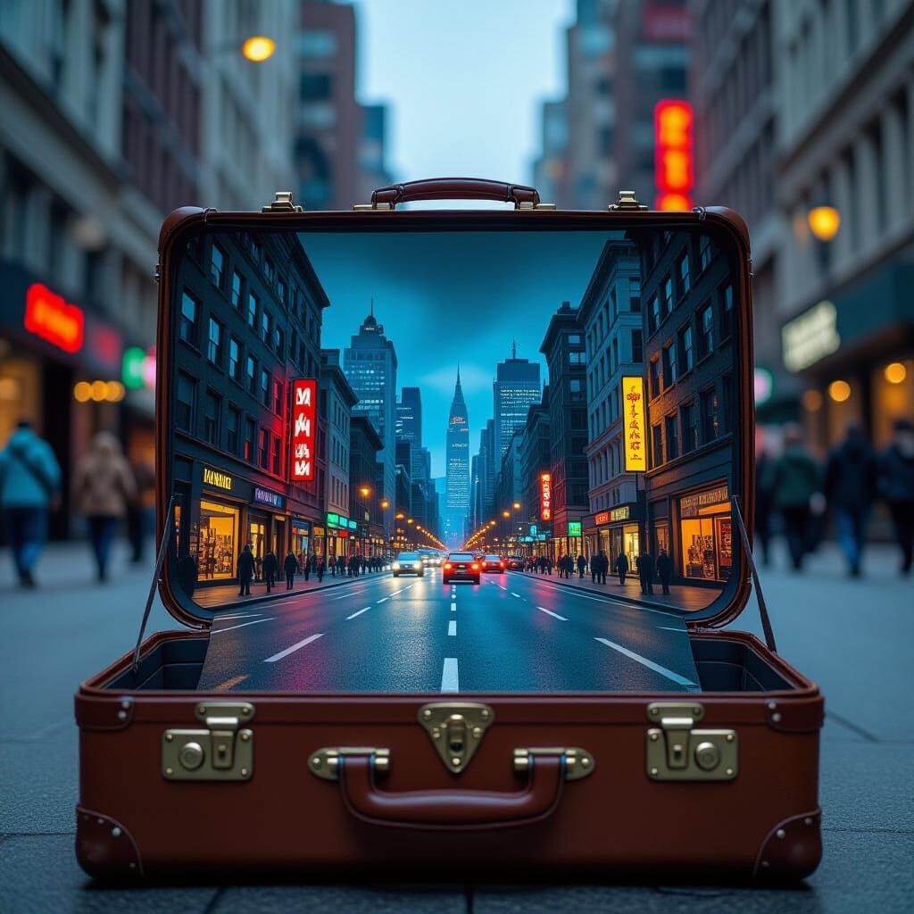 Vibrant City Inside Open Suitcase: Cinematic Still
