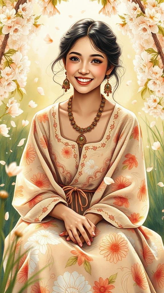 Smiling Woman in Spring Garden, Watercolor Style