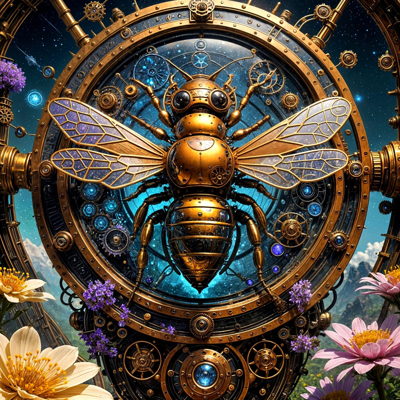 Steampunk Bee Emerges from Clockwork Bloom