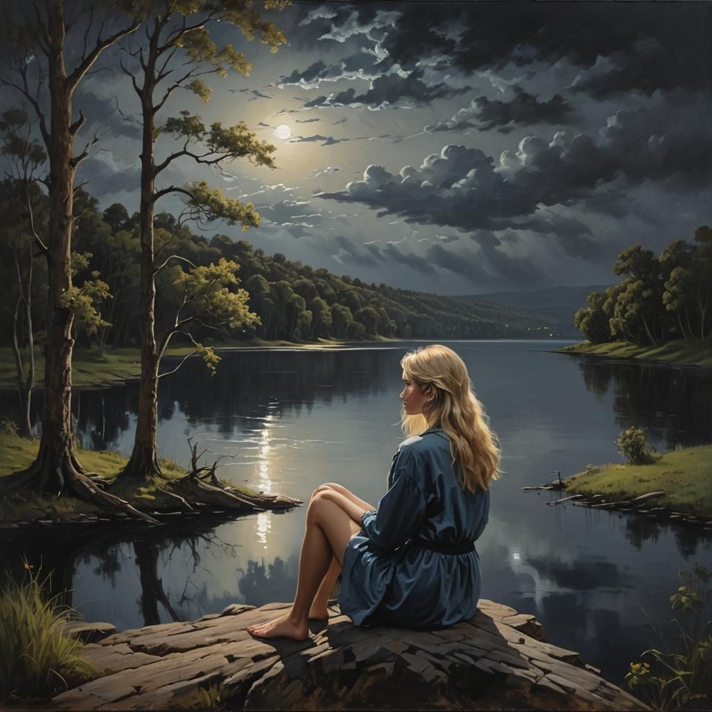 Moonlit Lake: Blond Girl in Realistic Oil Painting