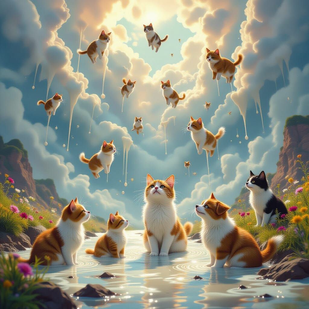 Whimsical Raining Animals in a Fantastical Landscape