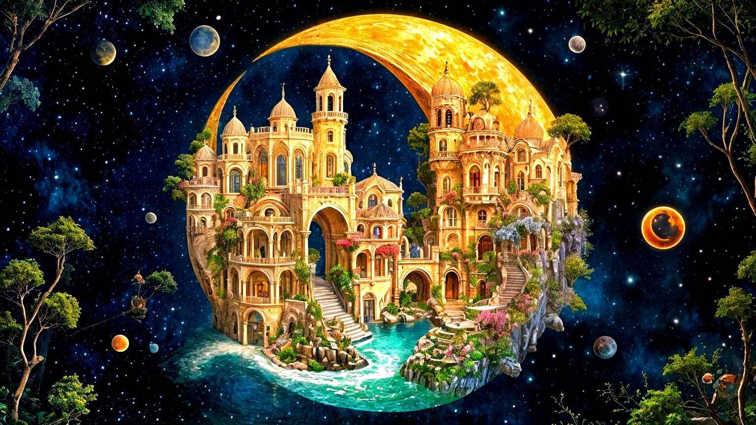 Mediterranean Fantasy Villa Village in Ornate Crescent Moon