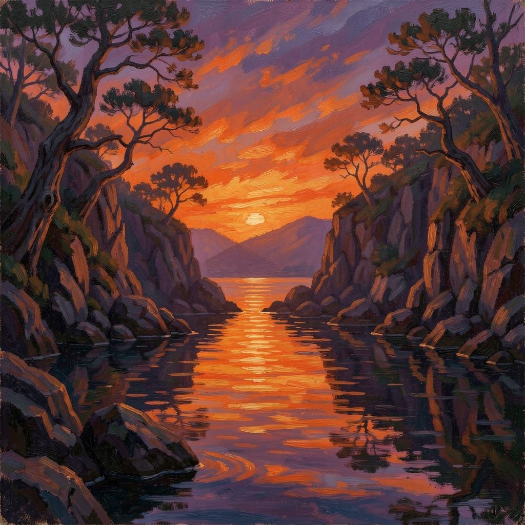 Twilight Sunset Over Hidden Cove, Impressionistic Oil Painti...