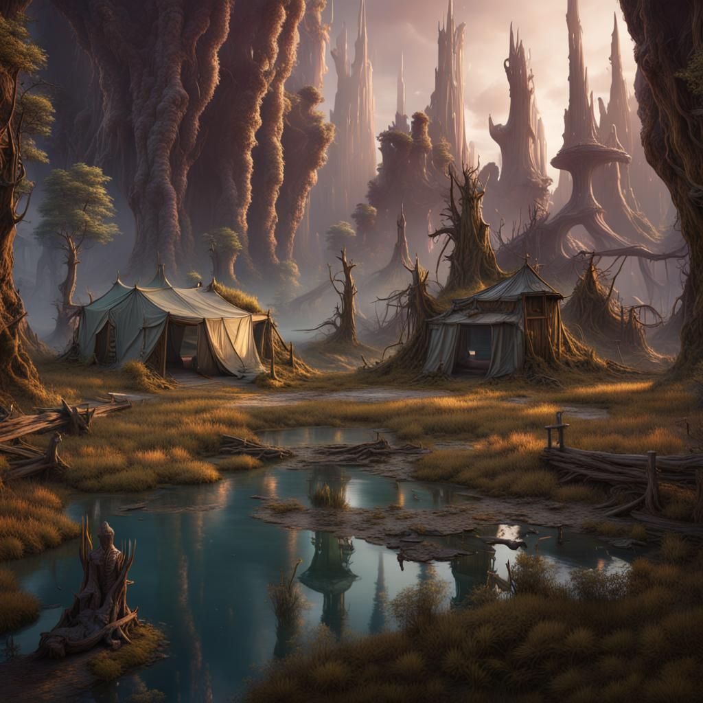 Surreal Campsite with Hoodoos in Alien Swamp