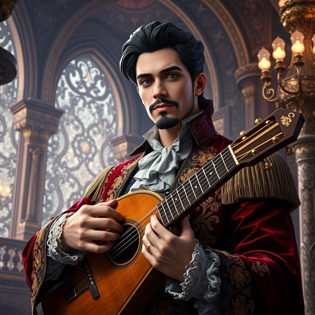 Regal Gentleman Plays Lute in Baroque Splendor