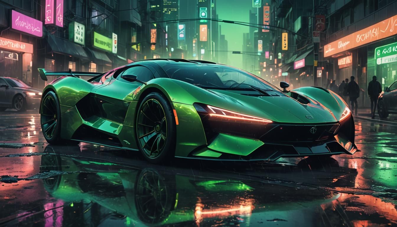 Sleek Futuristic Car Speeds Through Neon City in Green Monoc...