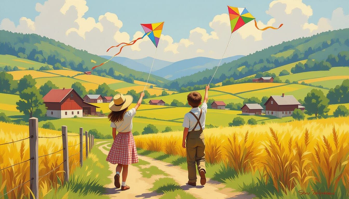 Children Flying Kites on Farm in Photorealistic Style