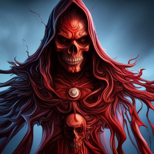 Skull Altar with Cloaked Figures in Dark Lighting