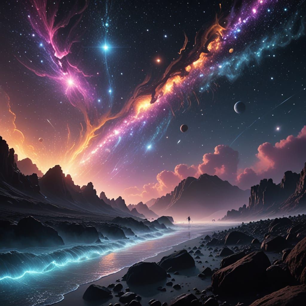 Cinematic Sci-Fi Masterpiece of The Beatles Riding a Comet