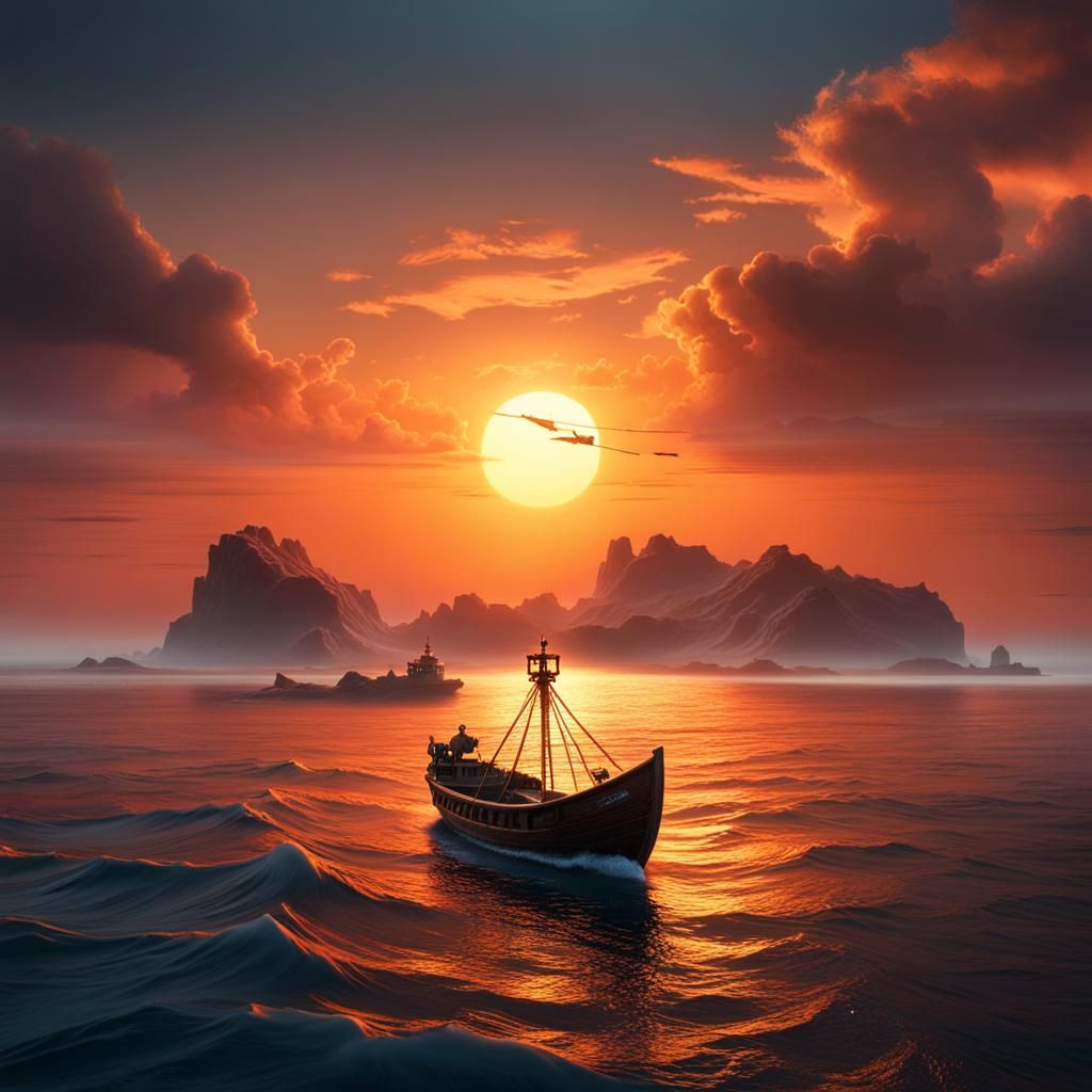 Fisherman Boat on Ocean at Sunset: Fantasy Concept Art