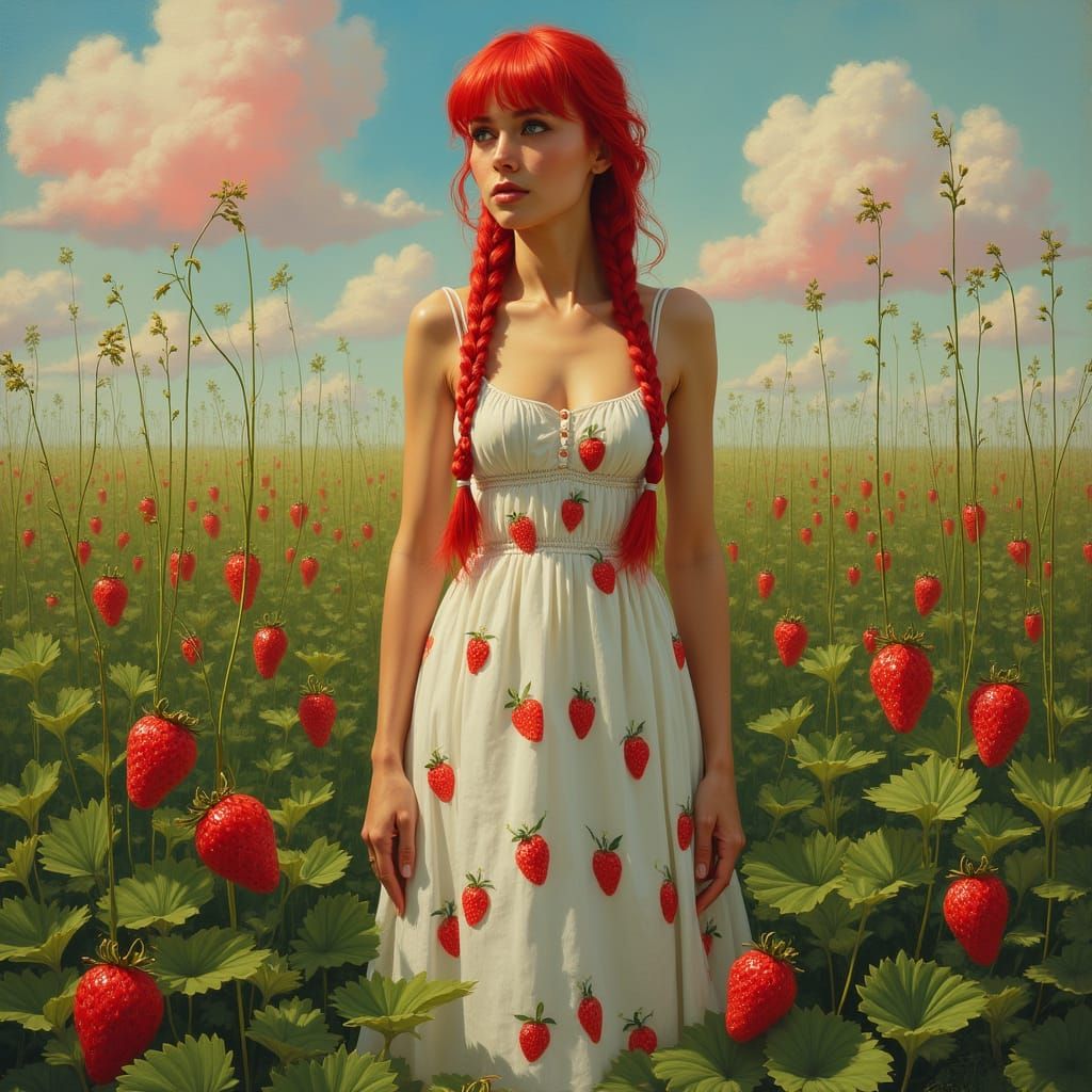 Woman in a Lush Strawberry Field with Vibrant Red Clouds