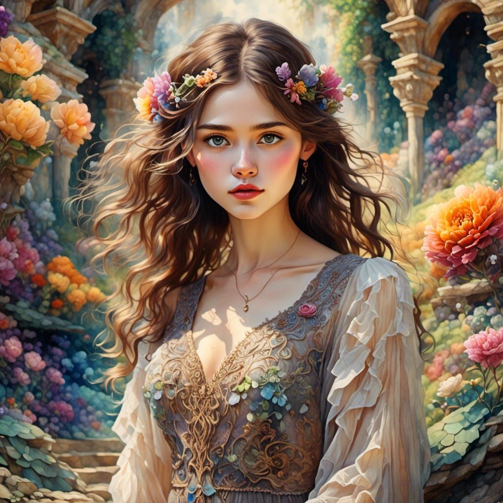 Watercolor Portrait of Woman in Lush Garden