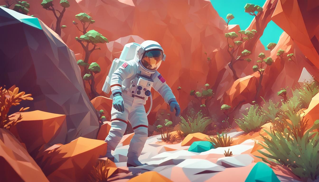 Astronaut on Exotic Planet in Low Poly Art