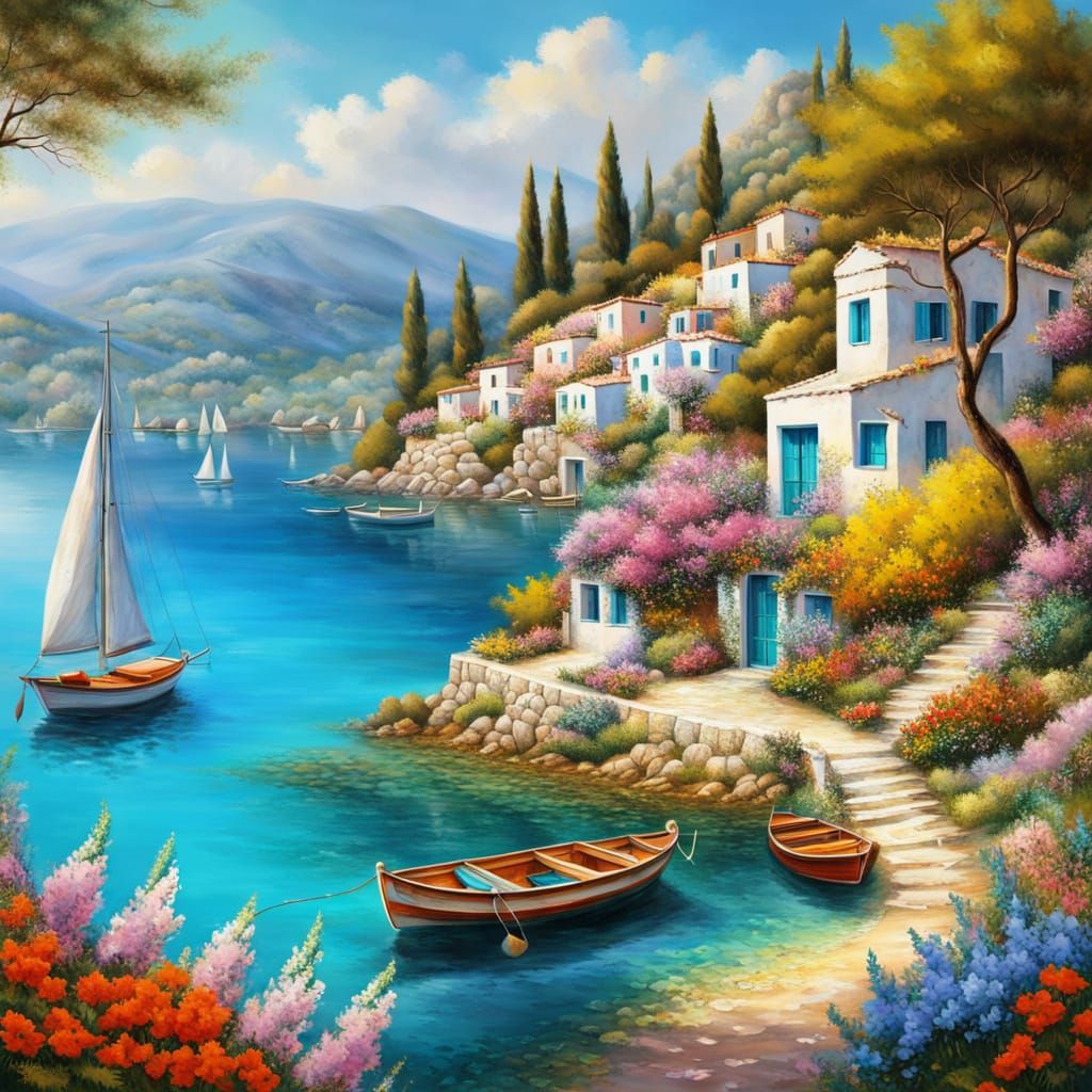 Vibrant Greek Village Spring Landscape