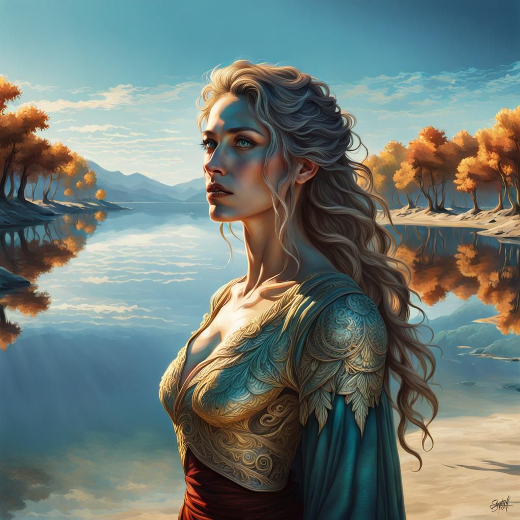 Hyperrealistic Woman on Lake Beach with Reflection