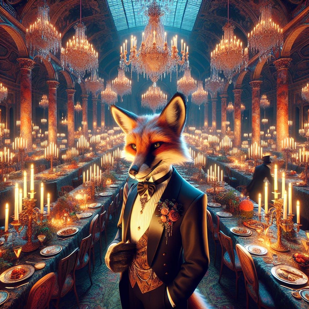 Elegant Fox in Tuxedo at Opulent Dinner Party