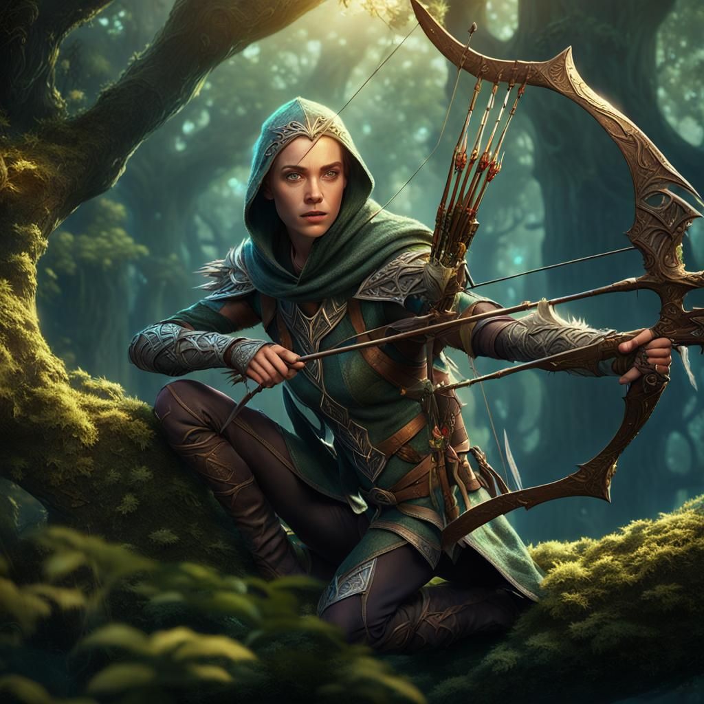 Elven Huntress in Tree Canopy, Fantasy Concept Art
