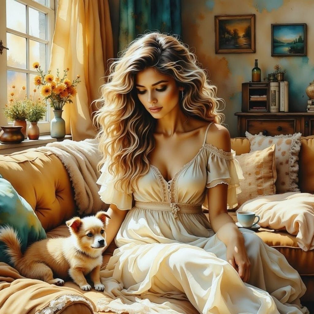 Woman and Puppy in Watercolor Living Room