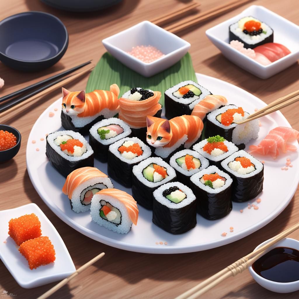 Cute Kitten Sushi Roll Hybrid in 3D Anime Art