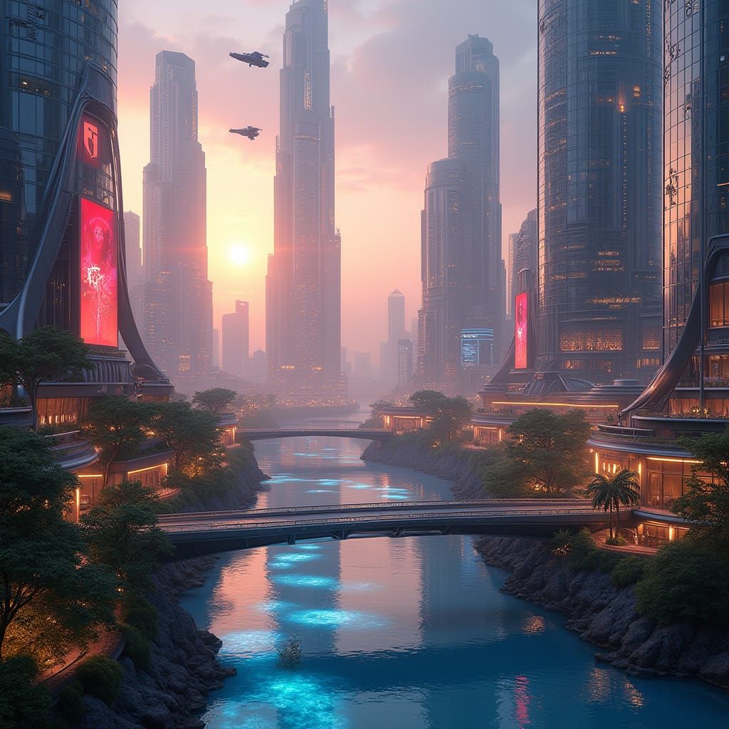 Surreal Futuristic Cityscape at Sunset in Neon-Lit, Cyberpun...